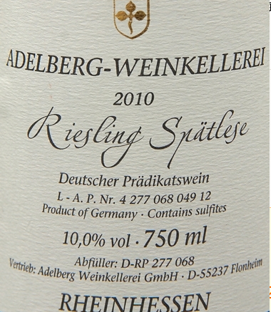 爱德堡晚秋清甜白Adelberg Weinkellerei Riesling Spatlese