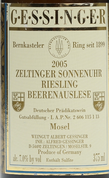 雷司令之家格格日冕园晚熟精选甜蜜贵腐Gessinger Zeltinger Sonnenuhr Riesling Beerenauslese