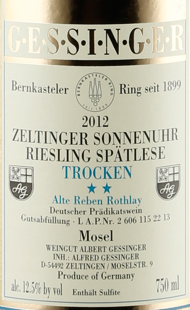 雷司令之家格格日冕园晚熟干白Gessinger Zeltinger Sonnenuhr Riesling Spatlese Trocken Alte Reben Rothlay