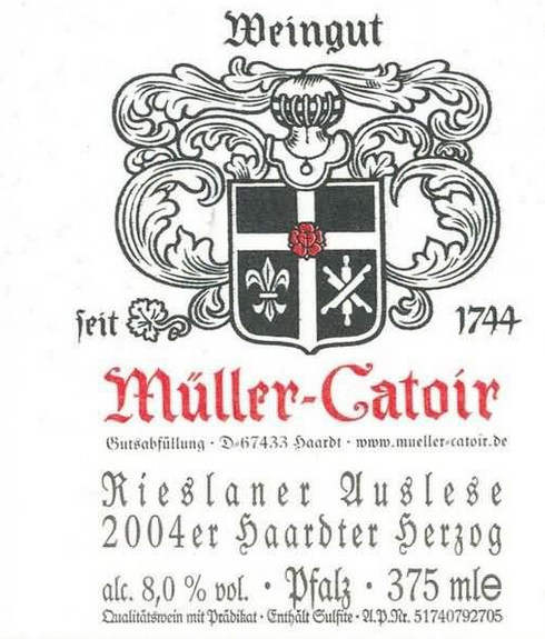 卡托尔哈尔特公爵雷司兰尼精选半干白Muller-Catoir Haardter Herzog Rieslaner Auslese