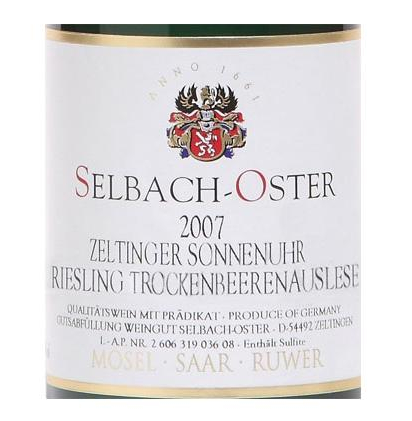 泽巴赫塞尔廷日晷园雷司令逐粒枯萄精选甜白Selbach-Oster Zeltinger Sonnenuhr Riesling Trockenbeerenauslese