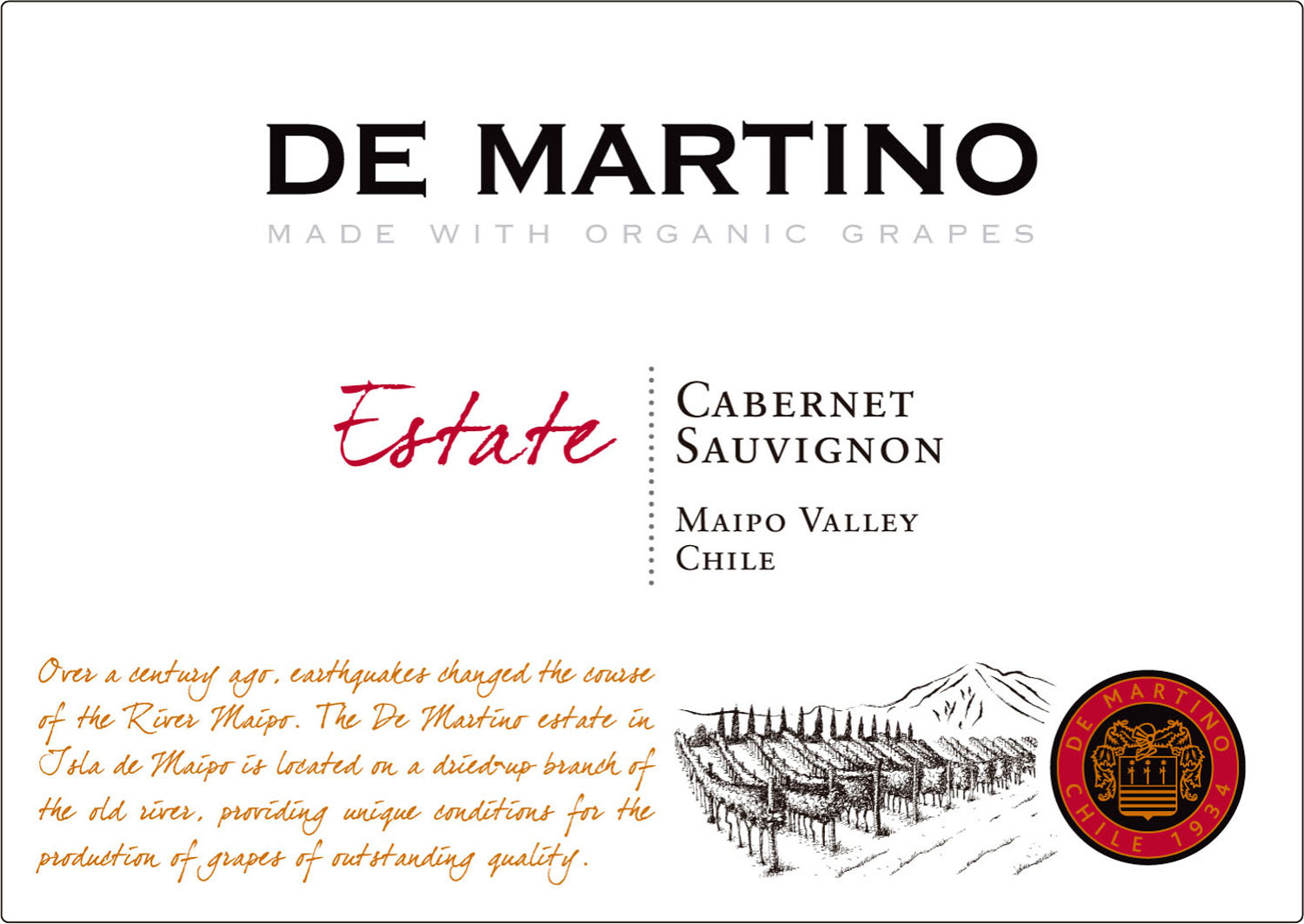 蒂玛尼庄园赤霞珠有机干红De Martino Estate Cabernet Sauvignon made with organic grapes