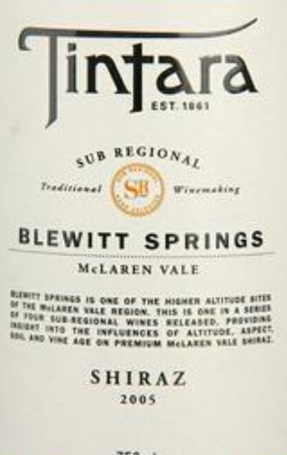 添达拿布拉维之春设拉子干红Tintara Blewitt Springs Shiraz