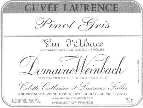 温巴赫酒庄劳伦斯特酿托卡伊灰皮诺干白Domaine Weinbach Tokay Pinot Gris Cuvee Laurence