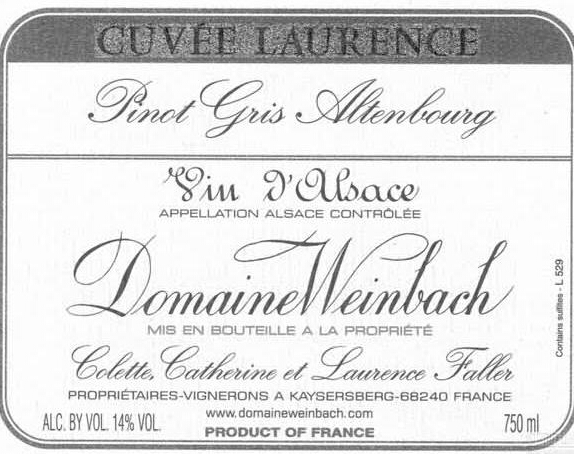 温巴赫奥登堡劳伦斯托卡伊灰皮诺干白Domaine Weinbach Tokay Pinot Gris Altenbourg Cuvee Laurence