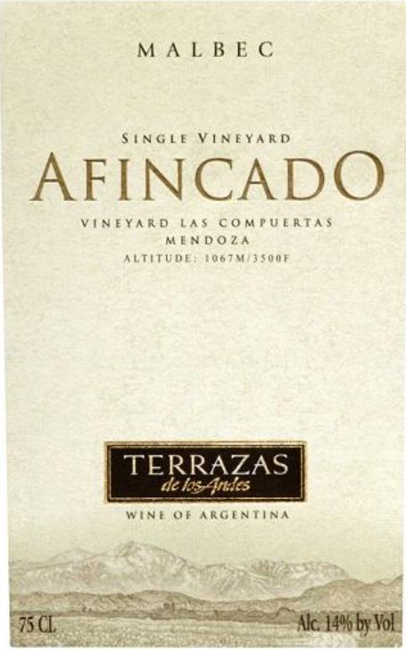 安第斯台阶康普塔斯园马尔贝克干红 Terrazas de los Andes Afincado Vineyard Las Compuertas Malbec 