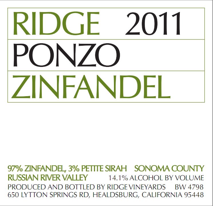 山脊彭佐园仙粉黛干红Ridge Ponzo Vineyard Zinfandel