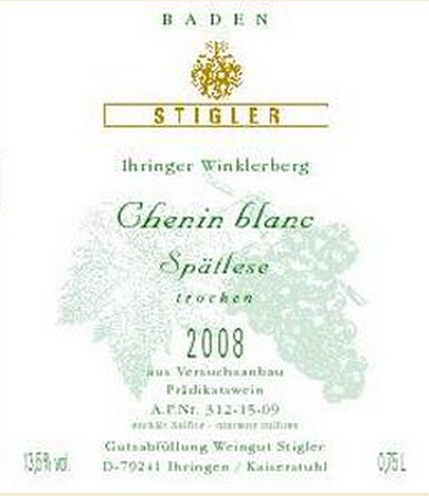 施蒂格勒依瑞恩温克乐堡白诗南迟摘干白Weingut Stigler Ihringen Winklerberg Chenin blanc Spatlese trocken