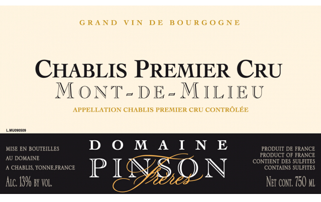 芬德庄园夏布利美利山干白Domaine Pinson Chablis Mont de Millieu 1er Cru