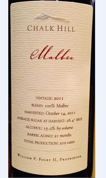 白垩山酒庄马尔贝克干红Chalk Hill Malbec