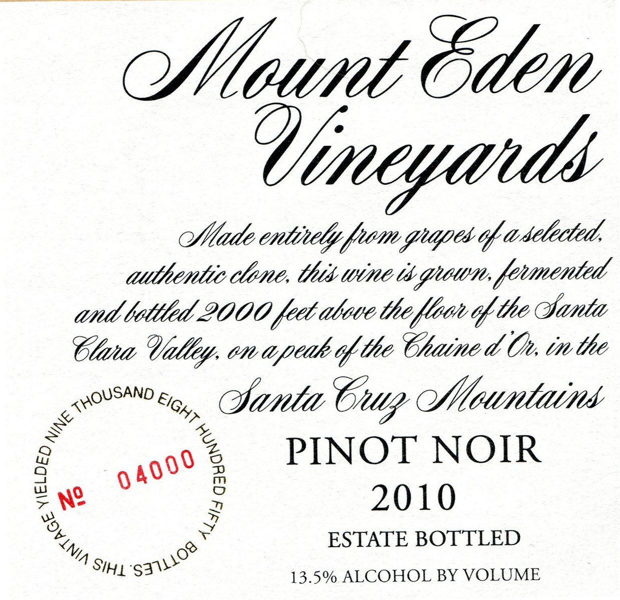 伊甸山黑皮诺干红Mount Eden Vineyards Estate Bottled Pinot Noir