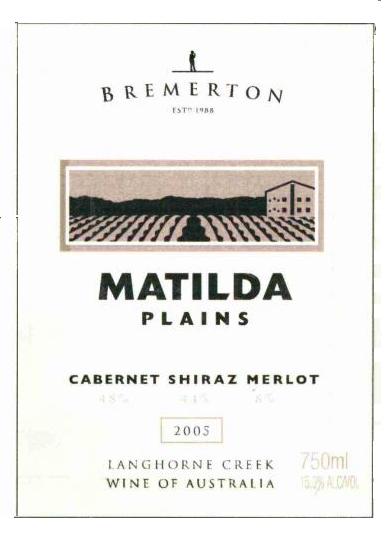 布雷默顿玛蒂尔达赤霞珠-西拉干红Bremerton Matilda Plains Cabernet - Shiraz