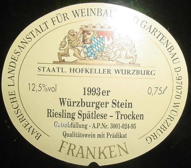 斯塔利榭尔斯泰因雷司令迟摘干白Staatlicher Hofkeller Wurzburger Stein Riesling Spatlese trocken