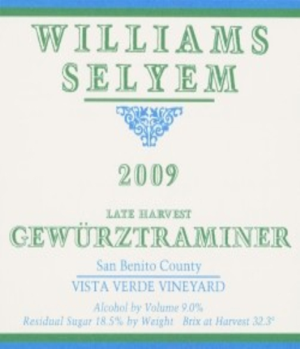 威廉斯乐姆酒庄中级园迟摘琼瑶浆干白Williams Selyem Estate Vineyard Vista Verde Vineyard Late Harvest Gewurztraminer