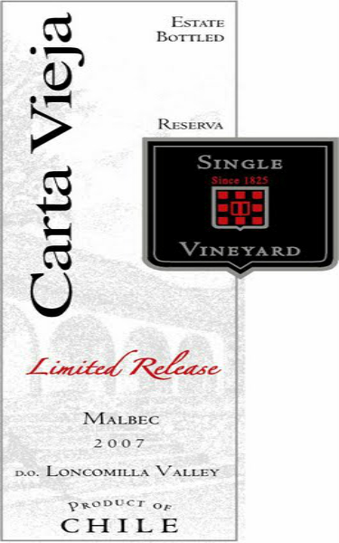 卡塔维嘉单一园限量发售马尔贝克干红Carta Vieja Single Vineyard Limited Release Malbec