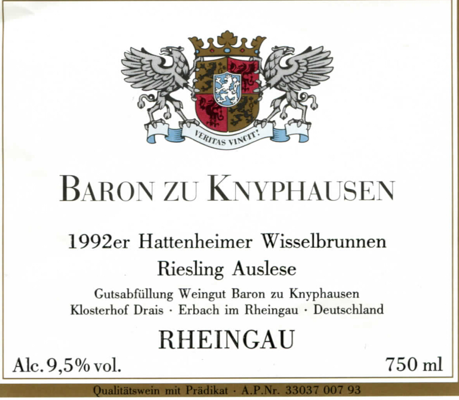 巴顿酒庄哈顿精选雷司令白葡萄酒Baron Knyphausen Hattenheimer Wisselbrunuen Riesling