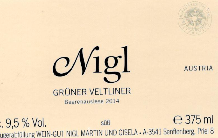 尼玖绿维纳逐粒精选甜白葡萄酒Weingut Nigl Gruner Veltliner BA